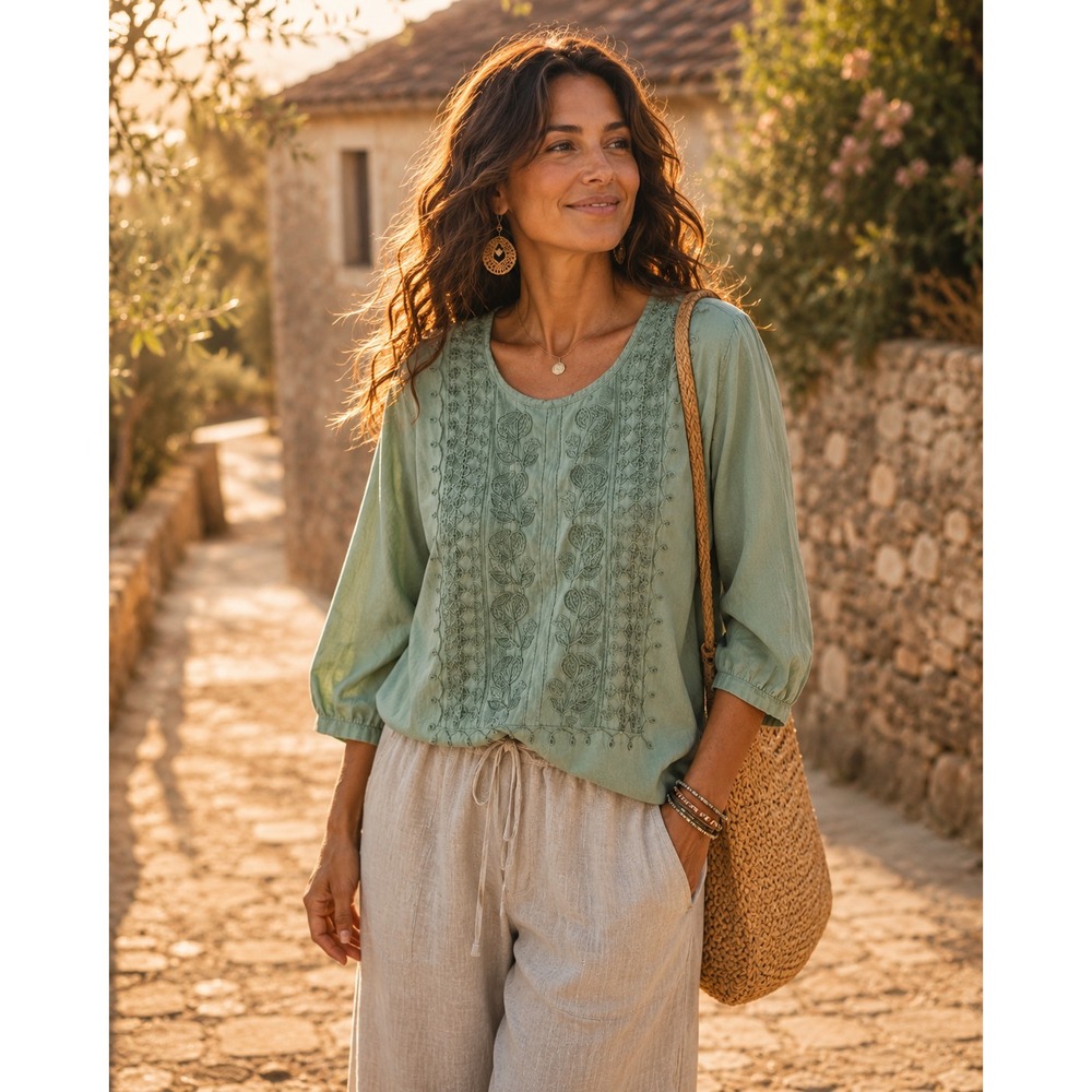 Plus Size 3XL Cotton Embroidered Blouse Sage Green Boho Peasant Cottagecore Top
